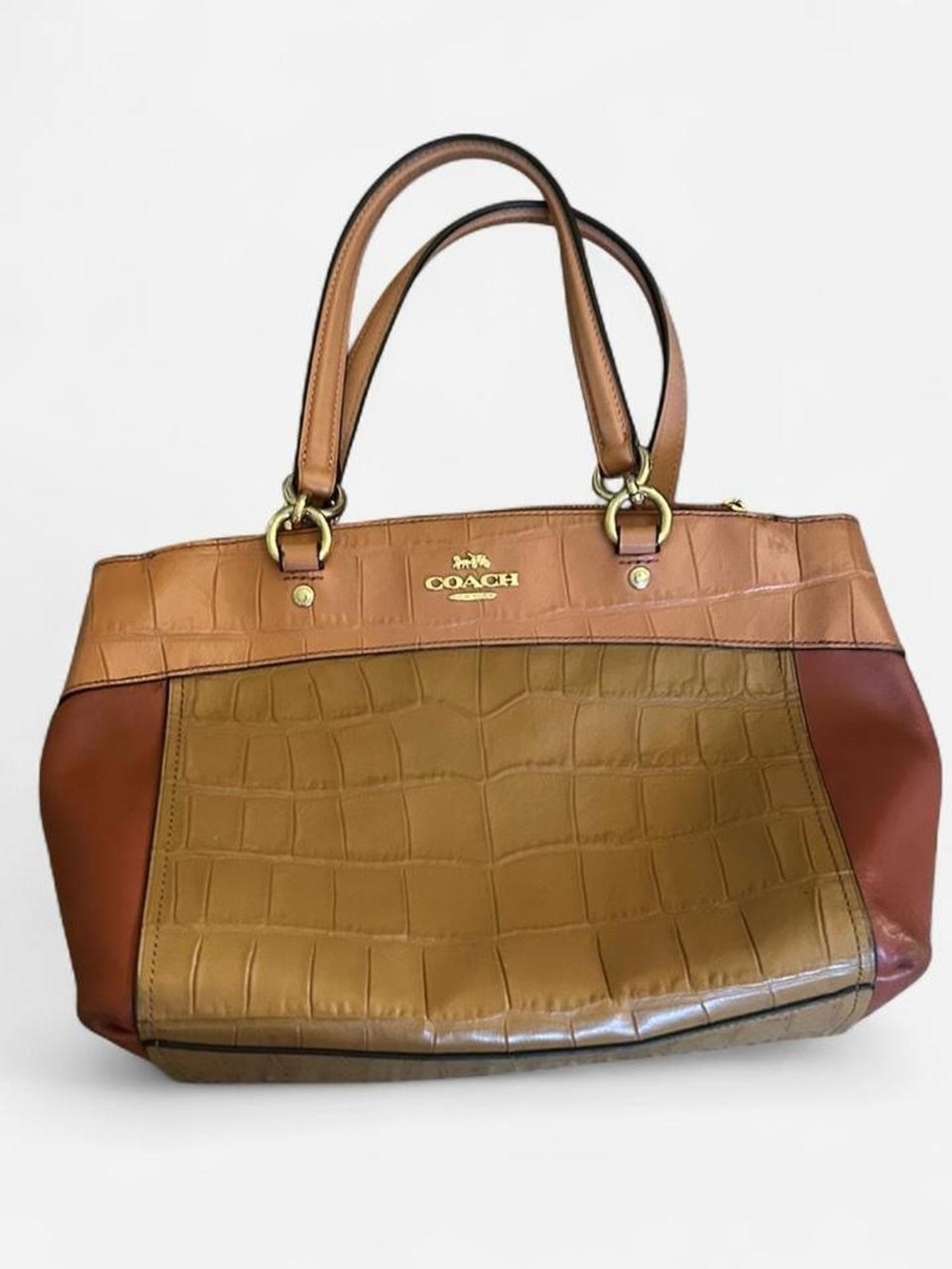 VINTAGE COACH Two-Tone Croc- Embossed Leather Tote in Tan and Brown
